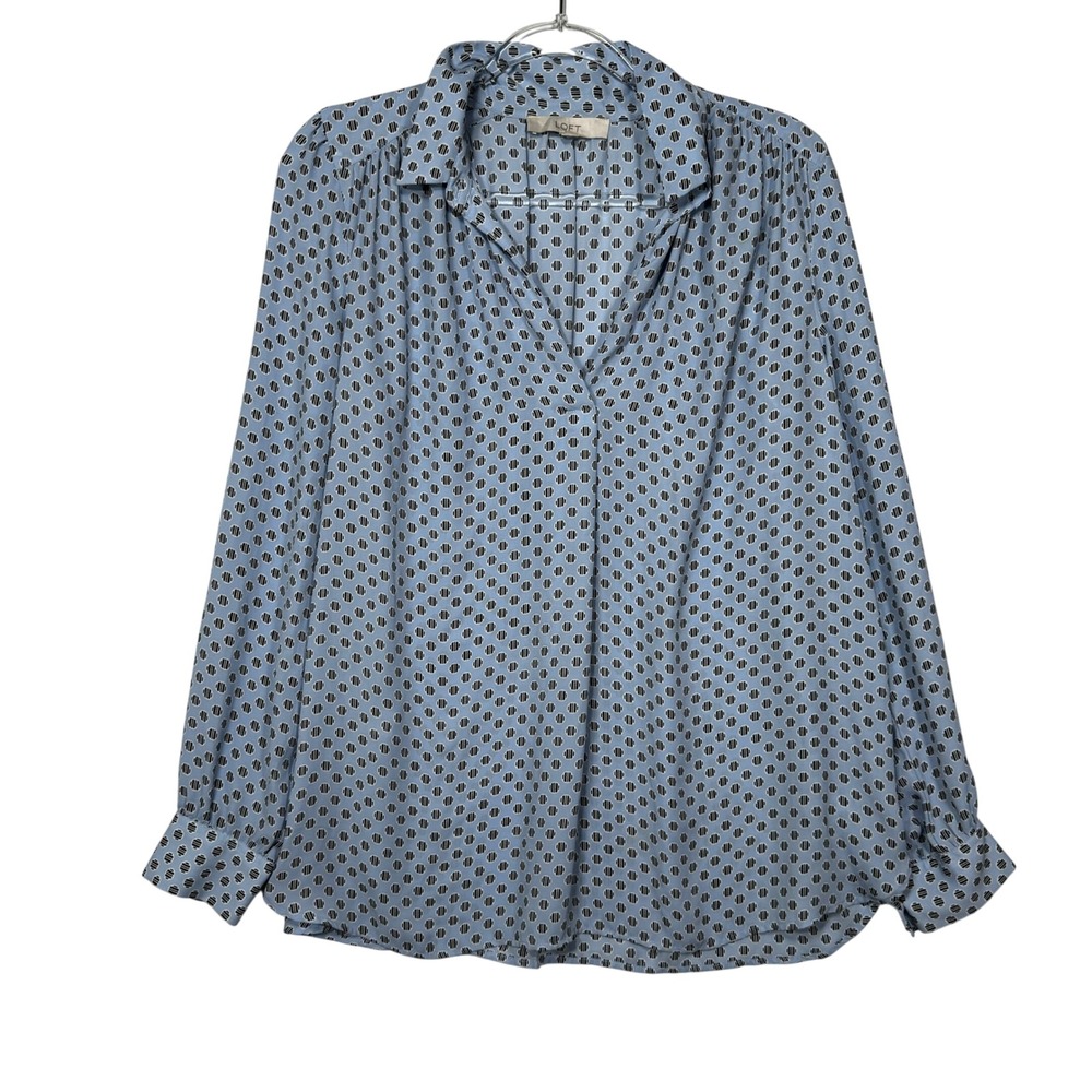 LOFT Blouse Womens Medium Blue Geometric Dot V-Neck Long Sleeve Top